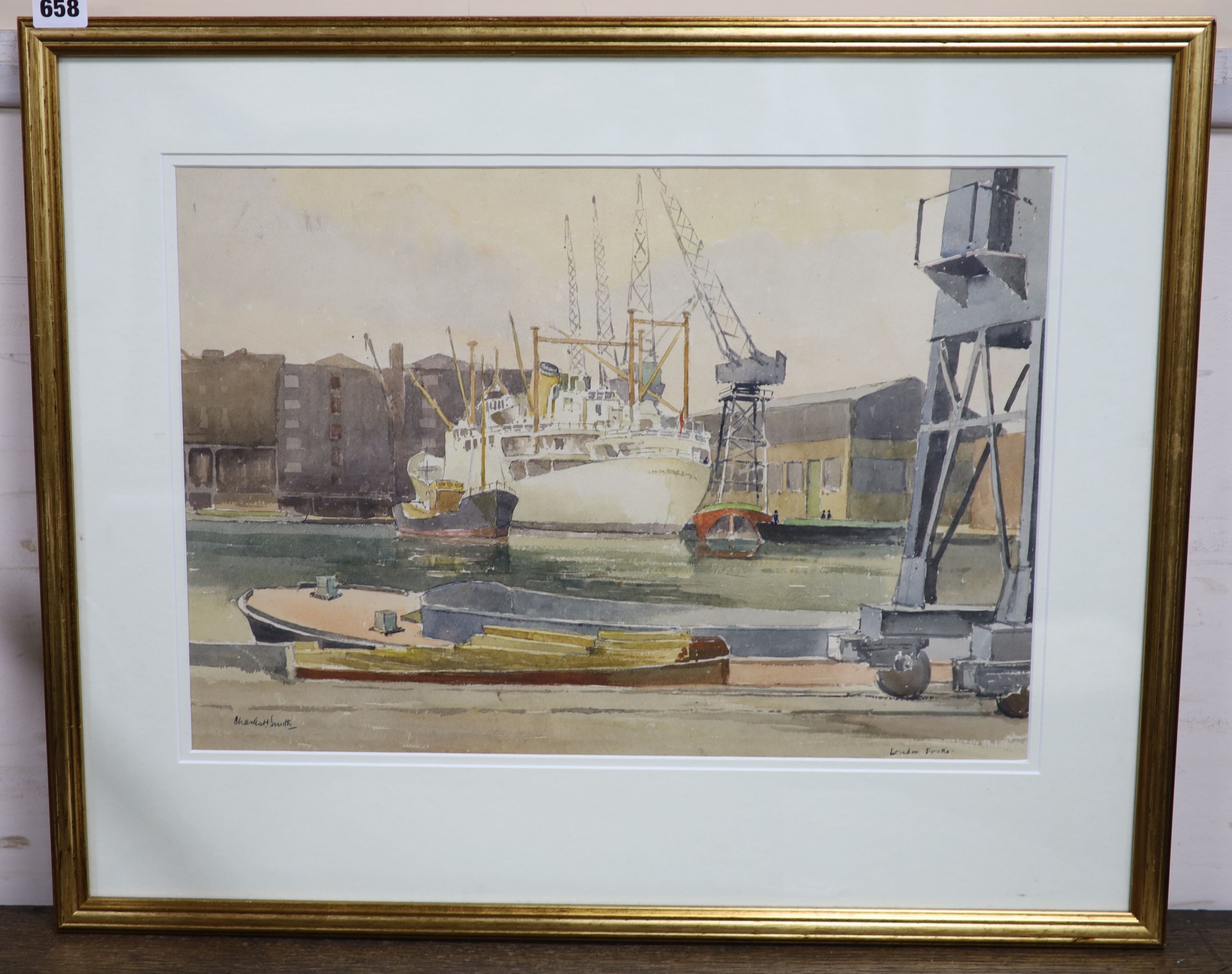 Charles H.Smith, watercolour, London Docks, signed, 35 x 50cm.